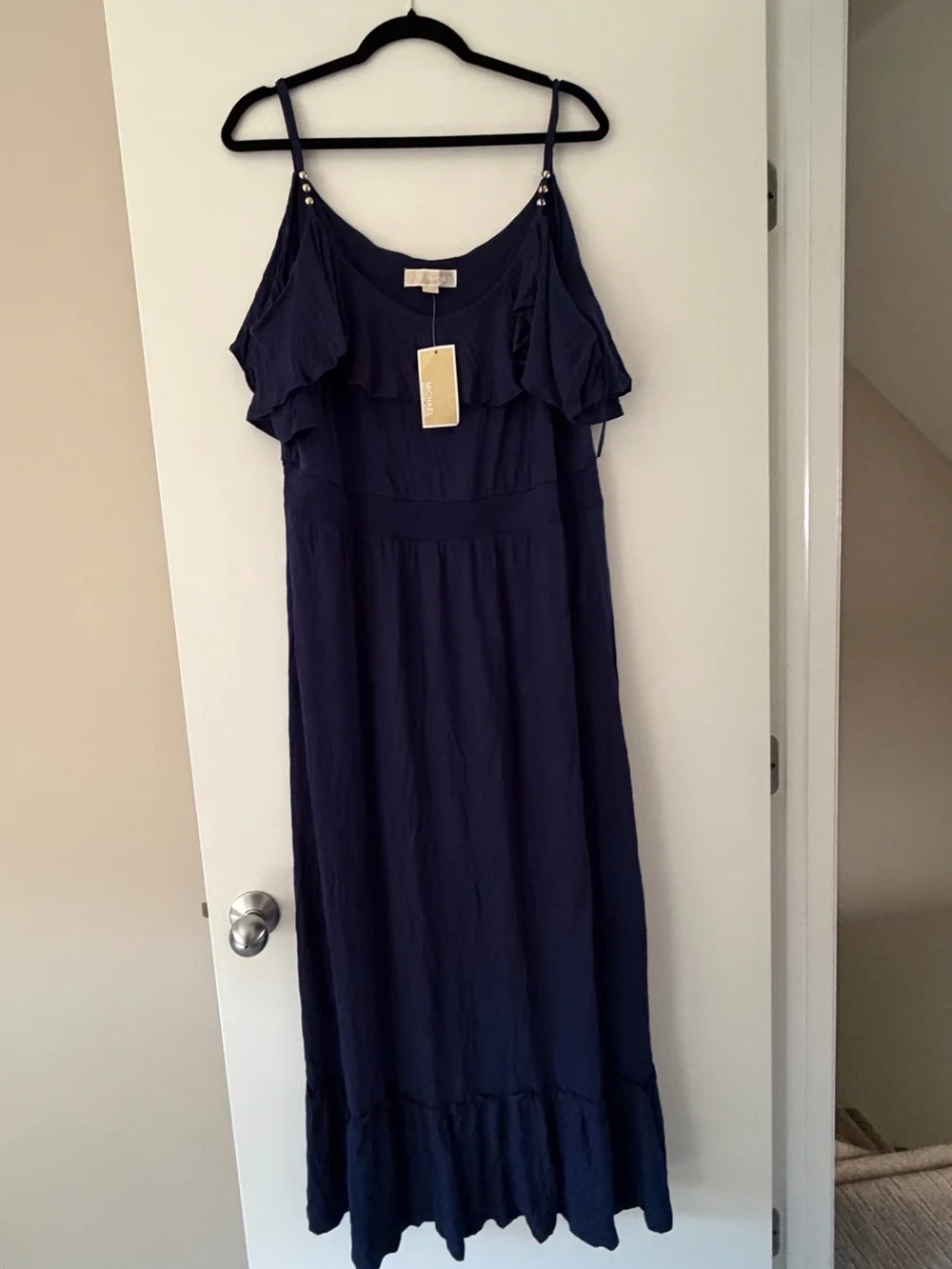 NWT women’s Michael Kors Navy Ruffle Cold-Shoulder Maxi Dress; XL